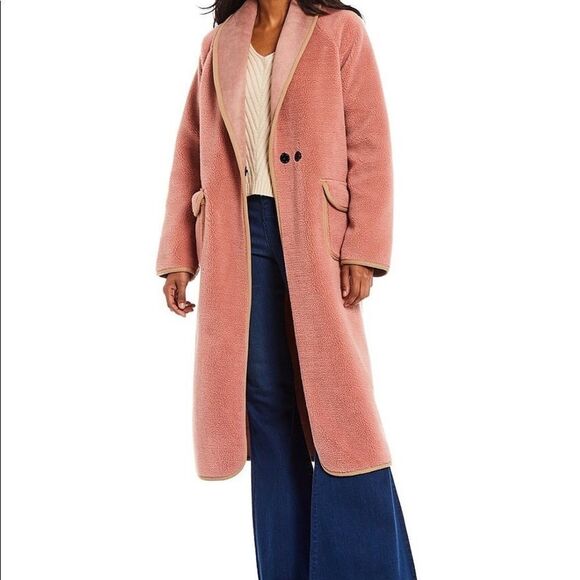 NWT Cozy Maxi Cardi Contrast Tape Faux Fur Maxi Coat - Picture 3 of 6